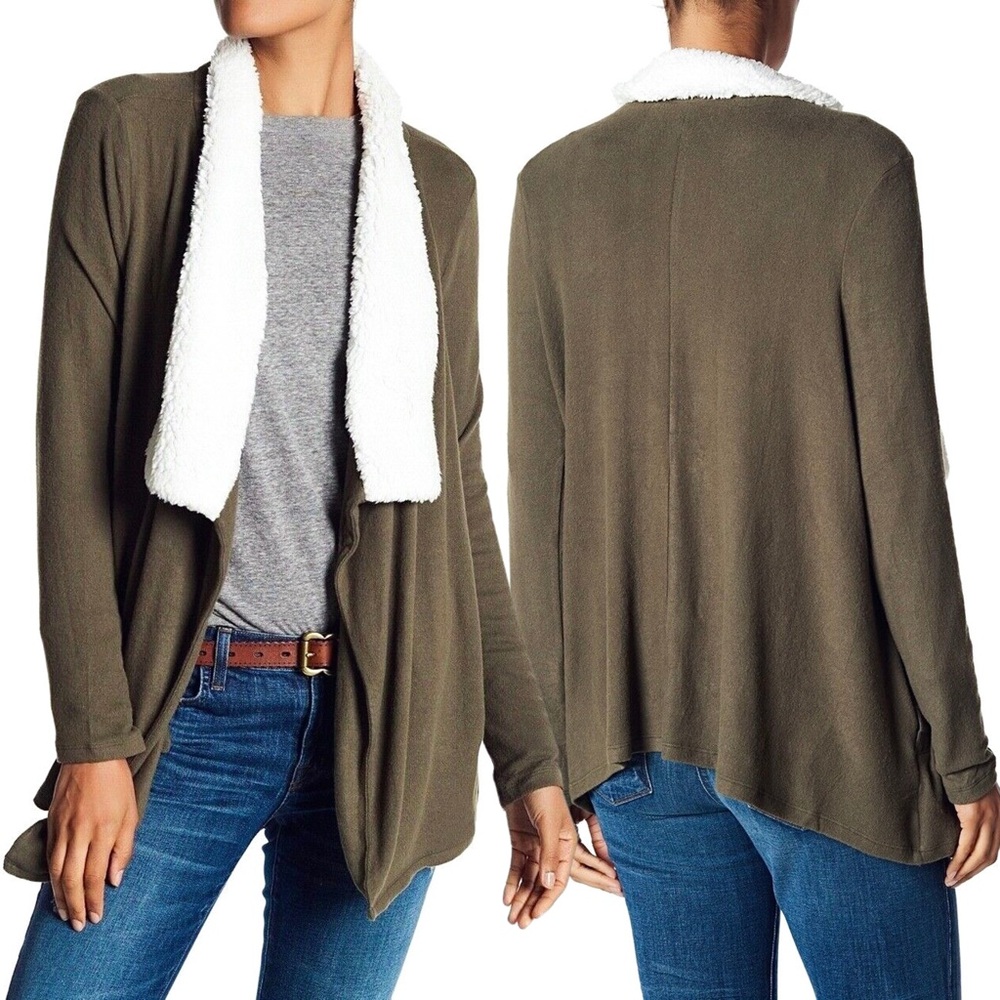 SUSINA Olive Green Faux Fur Trimmed Shawl Collar Draped Open Front Cardigan